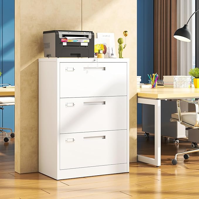 Metal Lateral 3 Drawer File Cabinet, Wide Filing Cabinet with Lock for Home Office Organization Hanging Files Letter/Legal/F4/A4 Size (White, Assembly Required)