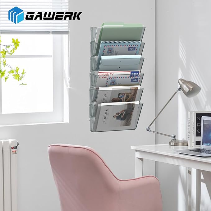 Gawerk Clear Acrylic Single Pocket, Plastic Hanging Wall Mount File Holder for Office Home (Gray, 6 Pack)