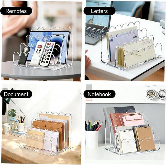 Acrylic Scalloped Mail Organizer, 3 Compartments Desktop Letter Holder, Vertical File Sorter, Desk Organizer for Letters, Envelopes, Bills and Stationery