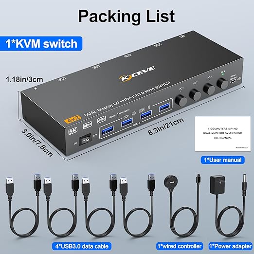 HDMI+Displayport KVM Switch 2 Monitors 4 Computers 8K@60Hz 4K@144Hz, Dual Monitor KVM Switch for 4 PC Share 2 Monitors and 4 USB3.0 Devices, with 4 USB Cables, Power Adapter and Wired Remote