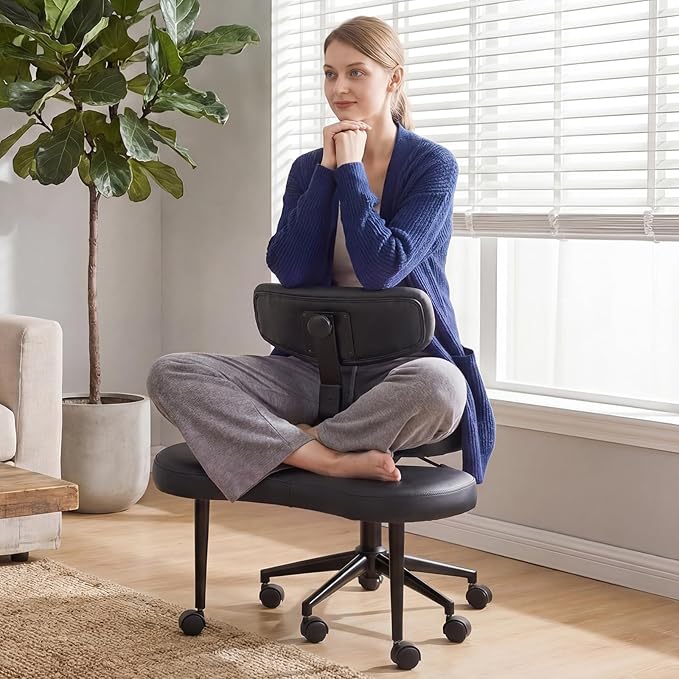DUMOS Ergonomic ADHD Cross Legged Office Desk Chair with Adjustable Backrest, Height Adjustable Meditation Chair with 360° Swivel Footstool, PU Leather Yoga Stool for Home Office, PU Black