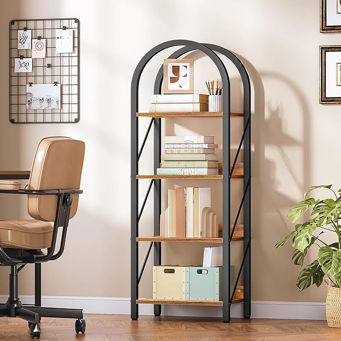 HOOBRO Bookshelf, 4-Tier Arched Bookshelf, Industrial Bookcase with Metal Frame, Small Book Shelf Storage Organizer for Living Room, Office, Bedroom, Rustic Brown and Black BF424SJ01