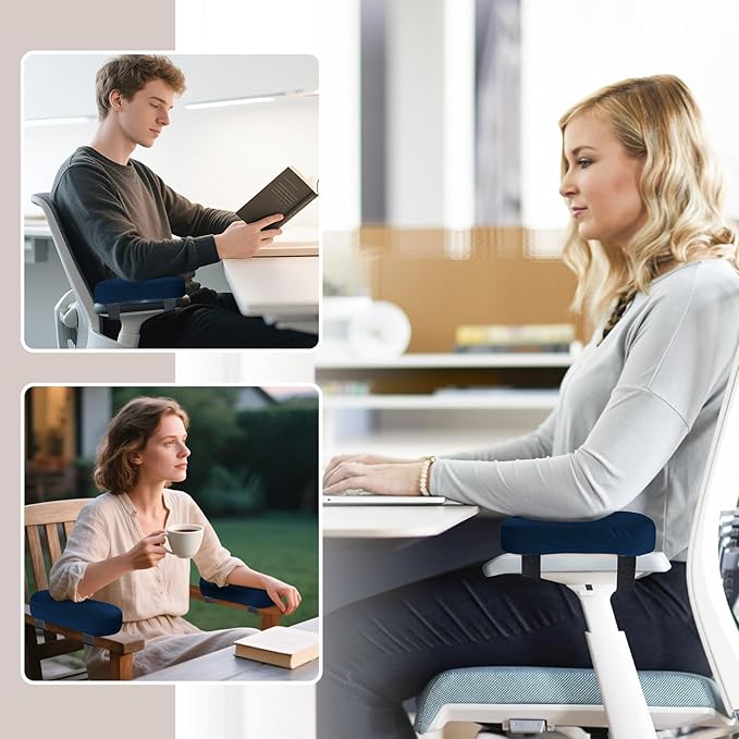WdFour 2-Pack Non-Slip Armrest Pads for Office & Gaming Chairs - Ergonomic Forearm Support Pillow for Desk, Computer & Wheelchair, Pressure Relief Cushions (Navy Blue)