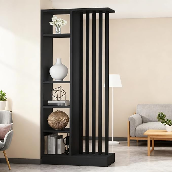 Room Divider with Shelves, Entrance Hall Partition Screen Column Floor to Ceiling - Freestanding Room Divider with Storage Shelf, Freestanding Decor for Bedroom (A Black + Black, 31.5in / 80cm)