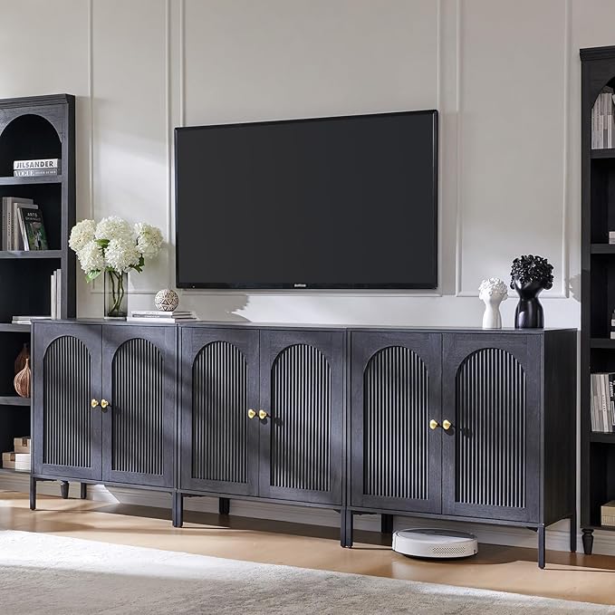 IFGET Modern Buffet Cabinet with Storage, 92.63" W Fluted Arched Sideboard Cabinet w/Adjustable Shelves, Wooden Modular Coffee Bar for Dining Room, Kitchen, Living Room, Entryway, Dark Grey