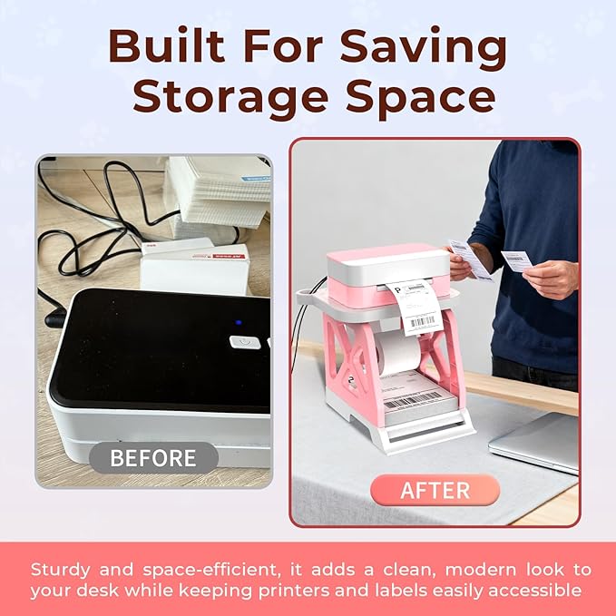 Guermok 3-in-1 Thermal Label Holder Stand for Printer Desk Organizer for Roll & Fan-Fold Labels, Cable Management, Easy Assembly for Home, Office, Retail & Small Business Pink