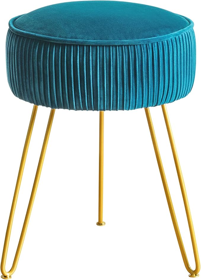 LUE BONA Pleated Vanity Stool, Velvet Upholstered Vanity for Makeup Room, Round Mondern Stool for Vanity, Ottoman Footrest with Metal Legs for Living Room, Bedroom, Peacock Blue