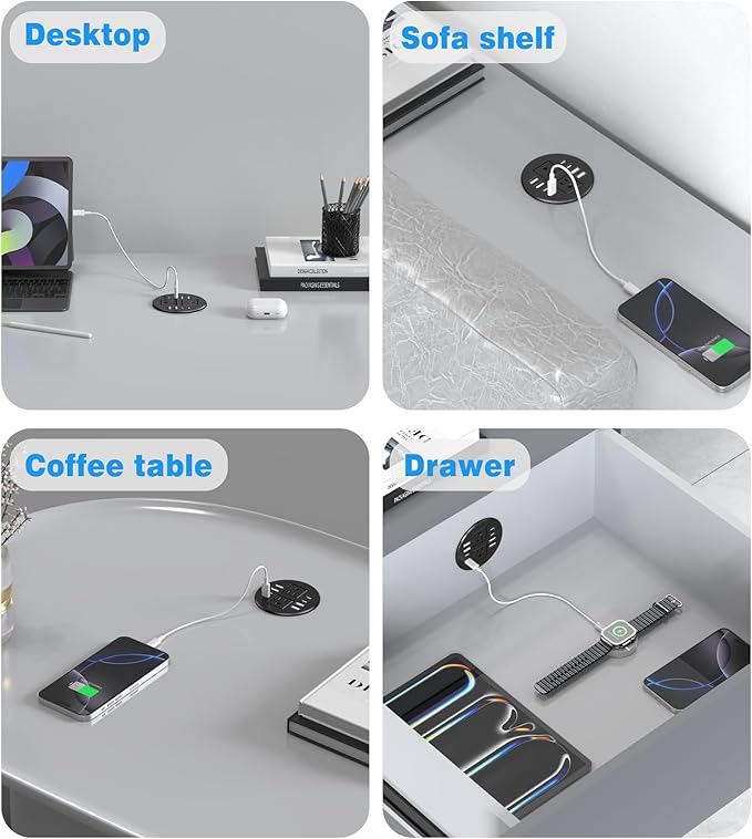 40W Recessed Power Grommet Outlet, 3.15 inch Desk Grommet Power Outlet with 8 USB Ports for Conference Rooms, Office Tables, Furniture, 6FT Cord