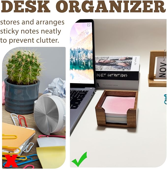Wood Sticky Note Holder, 3x3 Crystal Clear Notepad Holder with Anti-Slip Base Post It Note Holder Sticky Note, Dispenser for Office Desk, Home Organizer