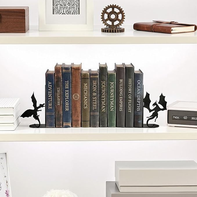 ENCIMART Dragon Metal Bookends Decorative, Unique Office Desk Book Ends for Shelves Bookshelf Home Office Desk Bookshelf Decor Gift for Dragon Lovers and Reading Enthusiasts