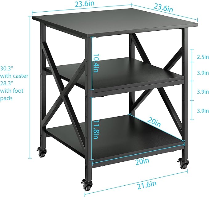 3 Tier Printer Stand, Large Table with Wheels, Rolling Cart with Height Adjustable Middle Storage Shelf, 23.6 x 23.6 x 30.3 Inches Shelf for Home Office, Black