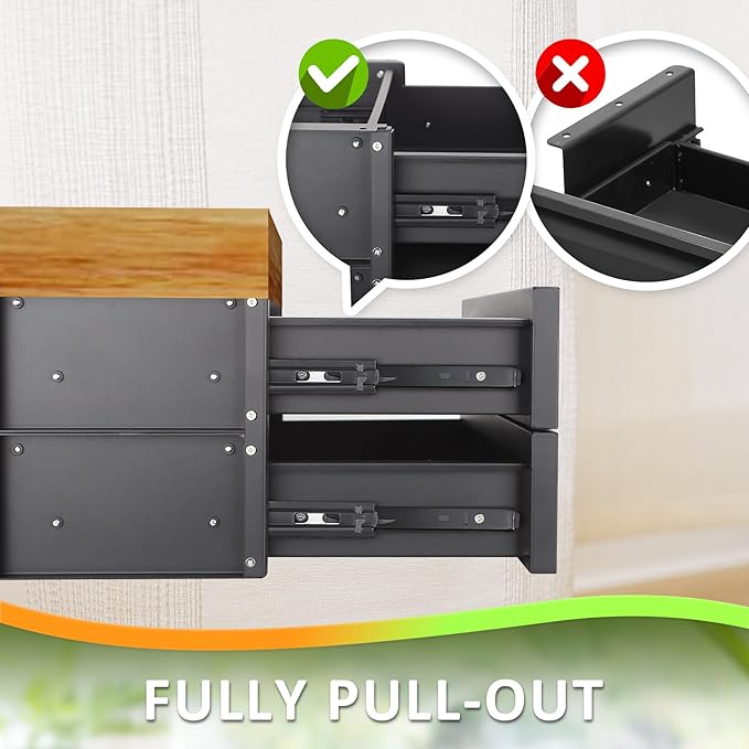 15 in 2-tier Under Desk Drawer,Adjustable Height, Under Desk Drawer Slide Out with Slide Extension Mounted Under Flat Wooden Table, Carbon Steel Hidden Desk Drawer for Office & Home