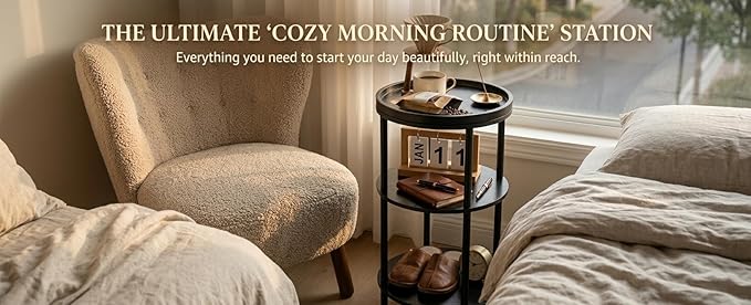 Small Round Side Table with Tray Top, 3-Tier Black End Table for Living Room & Bedroom, Modern Metal Nightstand with Storage Shelf, 11.8" Narrow Accent Table for Small Spaces, Balcony, Classic Black