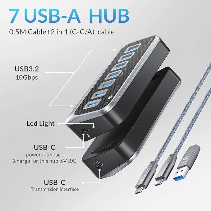 USB Hub for Laptop, SETMSPACE USB Splitter with 7 Port USB 3.2 10Gbps Transfer, USB Port Hub with 2 in 1 Cable 19in, Multiple USB Port for Laptop, iMac, MacBook, Dell, Xbox