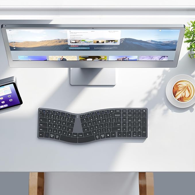 MEETION Wireless Ergonomic Keyboard, S-Curve Design Split Keyboard, 2.4G Wireless & Dual Bluetooth Keyboards, Slim Low-Profile Keys, Type-C Rechargeable, Full-Size Layout for Windows, Mac, PC, Laptop