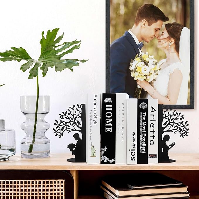 Tree of Life Bookends Decorative Couple Book Ends for Shelves, Black Metal Bookends for Heavy Books, Book Organizer for Desk Bookshelf Home Office Book Stopper Valentines Day Gifts for her