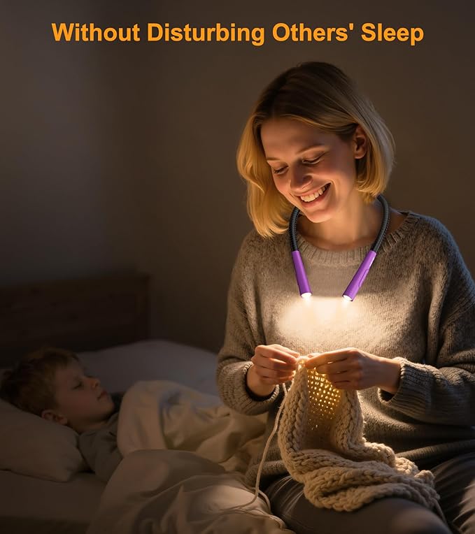 Gritin Book Light, Eye Caring 4-Color & 5-Brightness Neck Light Reading Light- Stepless Dimming,30-min Timer,80+ Hrs Runtime,Bendable Round Neck Design, Lightweight for Reading-Dark Purple