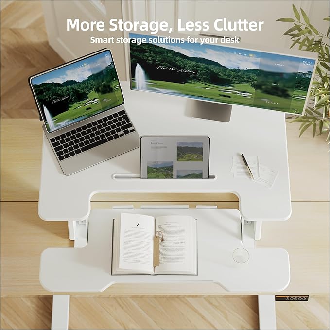 Claiks Standing Desk Converter 36 inch, Height Adjustable Sit Stand Up Desk Riser, Quick Sit to Stand Tabletop Dual Monitor Riser Workstation for Home Office with Keyboard Tray, White