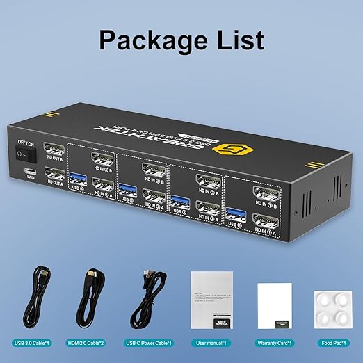 HDMI KVM Switch 4 Computers 2 Monitors with 3 USB3.0 Ports, 4K@60Hz Dual Monitor KVM Switch 4 Port for 4 PCs Share 2 Monitors, Support Button Switch, Adaptive EDID, 4 in 2 Out
