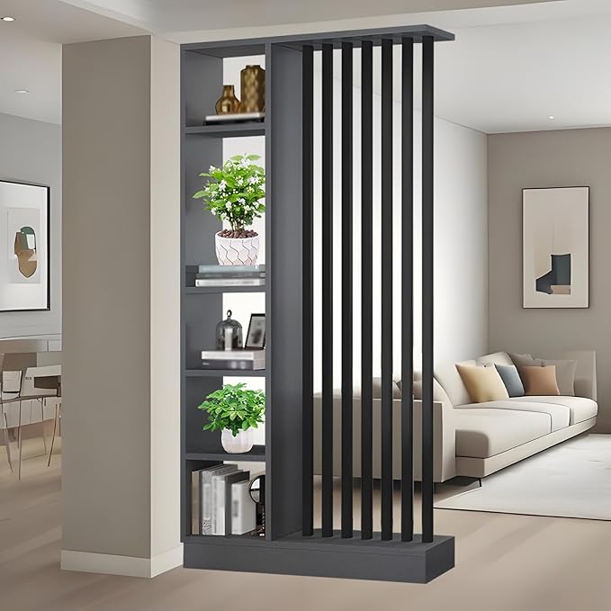 Room Divider with Shelves, Entrance Hall Partition Screen Column Floor to Ceiling - Freestanding Room Divider with Storage Shelf, Freestanding Decor for Bedroom (A Gray + Black, 39.4in / 100cm)