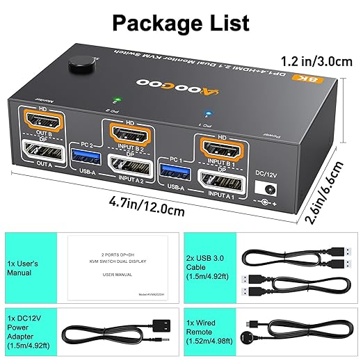 HDMI DP2.1 KVM Switch 2 Monitors 2 Computers, 8K@60Hz/4K@144Hz KVM Switch for 2 PC Sharing 2 Monitors, Keyboard, Mouse, with 2 USB3.0 Cables, Wired Controller and Power Adapter