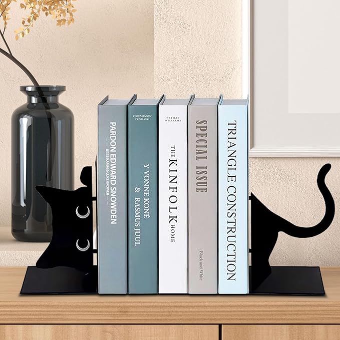 Book Ends Decorative,ENCIMART Book Ends,Metal Bookends,Book Holders for Shelves,Office Decorative Bookends,1.5mm Thickened Book Ends,Bedroom Library Office School Book Desktop Organizer Gift(Cat)