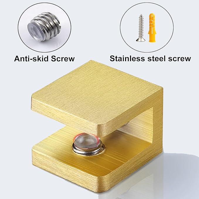 AWEN 4 Pcs Adjustable Glass Shelf Brackets, Solid Brass Glass Clamp No-Drill Glass Holder Clip Support for 8mm - 10mm Thickness Glass (Brushed Brass)
