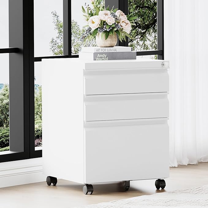 RAVIGIN 3 Drawer File Cabinet,Mobile Filing Cabinet with Lock and Wheels,Un-Assembled Metal Under Desk File Cabinets for A4/Letter/Legal Size(White