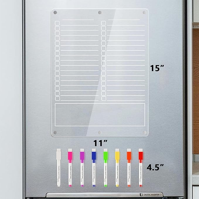 Neatsure Acrylic Grocery List Magnet Pad for Fridge, Reusable to Do List for Refrigerator, Clear Notepad Note Planning Board, Shopping List, Reminders, w/ 8 Colors Markers, 15"x11"