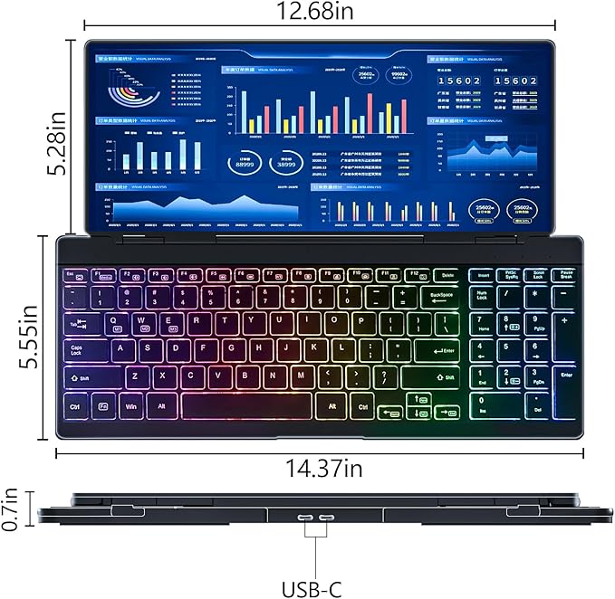 12.8" Portable Touchscreen Keyboard Monitor Stretched Bar Screen Extender with Silent Keyboard Foldable Mini RPi Display Type-C USB-A Monitor for Macbook Laptop Windows Desktop Mini PC (12.8 inch)