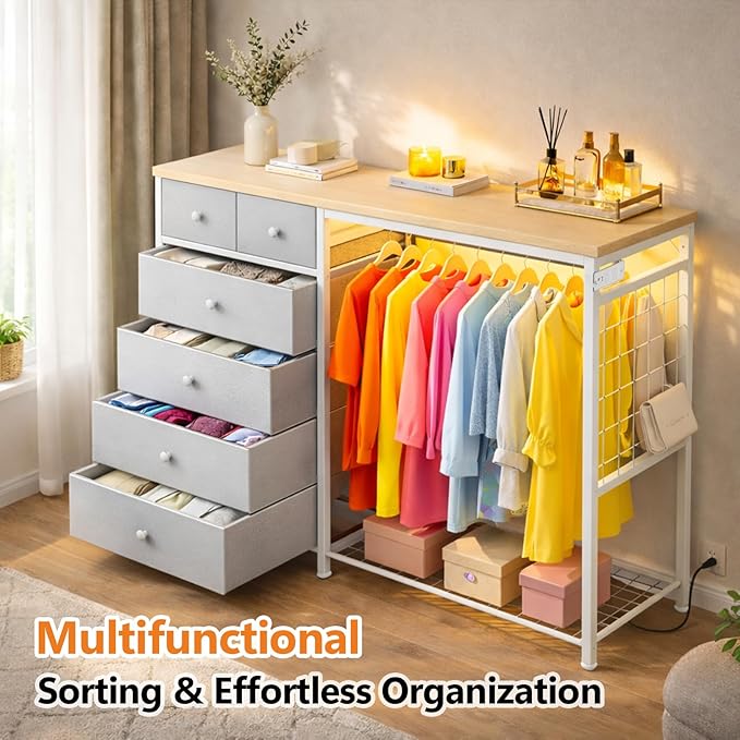 Simple Deluxe Storage Clothes Rack with 6 Drawers, Charging Station & LED Lights, Fabric Chest Shelves Clothing Rack, Wooden Portable Wardrobe Closet, 49.2" W x 15.7" D x 47.2" H, Silver