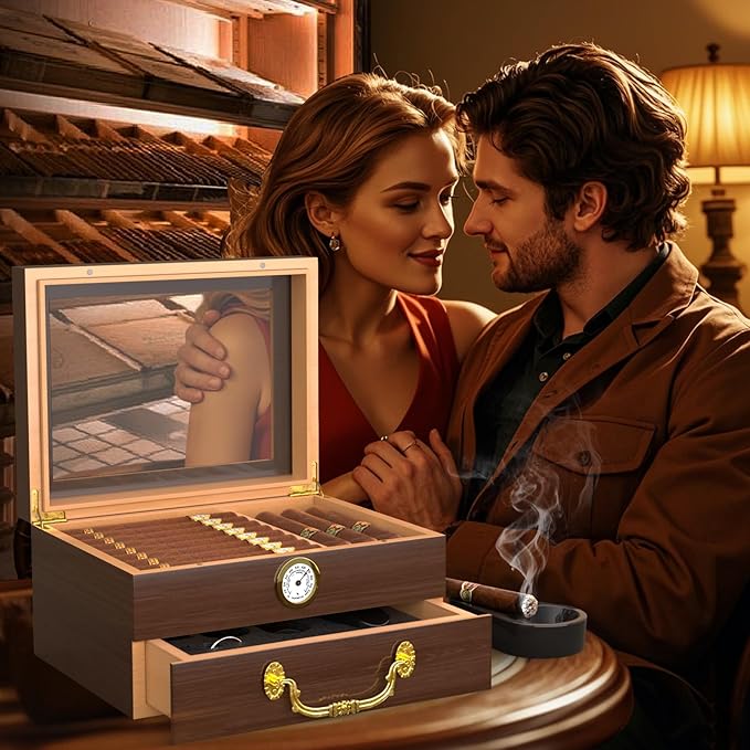 Spanish Cedar Cigar Humidor Box with Accessories and Humidifier - Glass Cover and Storage Drawer - Desktop Cigar Holder for Men - Portable Travel Case - Small Table Top Humidors for 20-50 Cigars