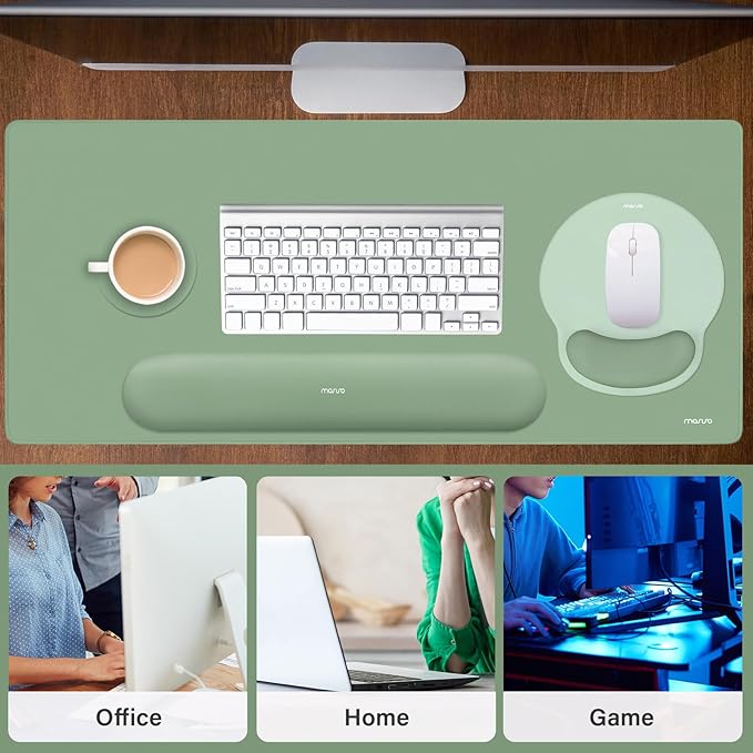 MOSISO Wrist Rest for Keyboard Mouse Pad Set, Large Gaming Deskpad&Circle Curved Mousepad&Keyboard Wrist Rest&Coaster, Ergonomic Non-Slip Mousepad&Easy Typing Pad with Silicone Lining, Green