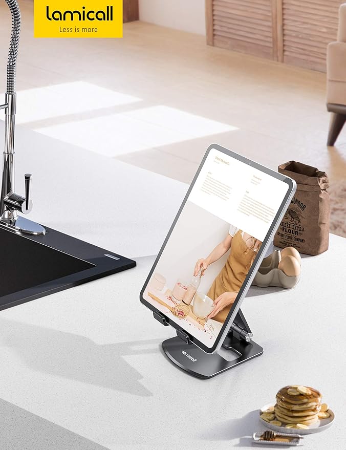 Lamicall Adjustable Tablet Stand Holder - Foldable Phone Dock, 360°Rotating Desktop Tablet Mount Gifts, for 4.7-13" Tablets, iPad Pro 11, 12.9 Air Mini, Tabs, Kindle, iPhone Air 17 Pro Max, Black