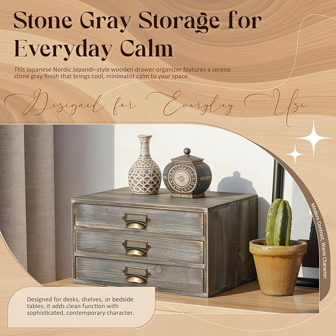 Stackable Modular Desktop Drawer Organizer, Solid Wood Grey 3-Drawer Storage Unit with Label Pull Handles, Stone Gray Japandi Style, Expandable by Adding More Units for Clutter-Free Spaces