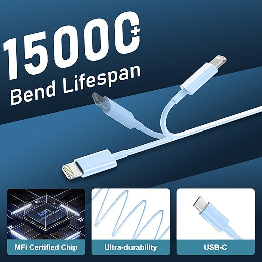 DiHines Phone 14 13 12 11 Fast Charger,10FT Long Fast Charging Lightning Cable with 20W USB C Charger Block for Phone 14/14 Pro Max/13/13 Pro Max/12/12 Pro Max/11/11Pro/XS/Max/XR/X,Pad,Blue