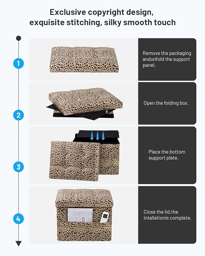 Bsketa Storage Ottoman Foot Rest Stool, Small Velvet Storage Ottomans Bench, Folding Footstool with Side Pockets, Foot Rest Under Desk for Living Room Bedroom, 17x13x13 in, Leopard Print