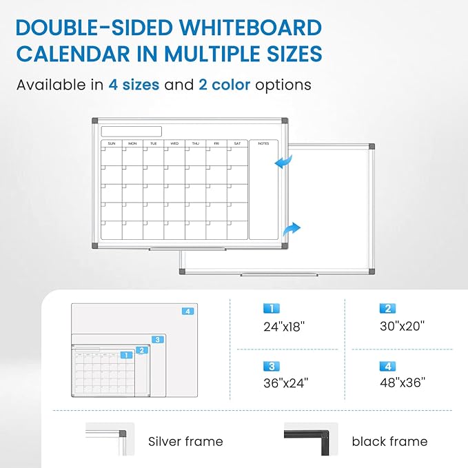 Monthly Calendar Dry Erase Whiteboard for Wall, 36" x 24" Double-Sided Calendar White Board, Magnetic Portable Board for Office, Kitchen, School, Home