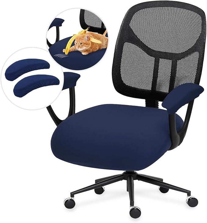 DIVA EN CAMINO DEC Stretchable Office Chair Seat Cushion Covers & Armrest Covers - Universal Spandex Computer Chair Slipcover - Removable Washable Cushion Protectors for Dogs, Cats, Pets (Navy)