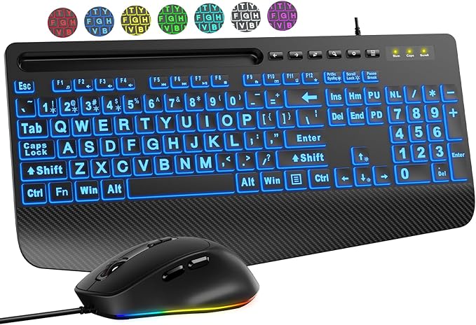 SABLUTE KM21Pro Wired Keyboard Mouse Combo - Large Print Backlit, Ergonomic Wrist Rest, 6 DPI RGB for PC/Windows - Ideal for Seniors, Students, Office and Home