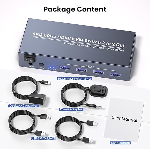 Dual Monitor HDMI KVM Switch 2 Monitors 2 Computers, 4K60Hz and 4 USB 3.0, Control 2 PCs with 2 Monitors and 1 Set of Keyboard Mouse