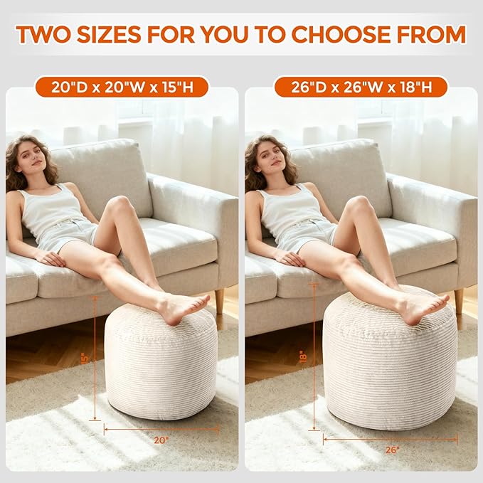 26" x 26" x 18" Pouf Ottoman Foot Rest, Pre-Stuffed Round Foot Stool with Odorless Shredded Memory Foam, Furry & Fluffy Corduroy Footrest for Living Room, Beige