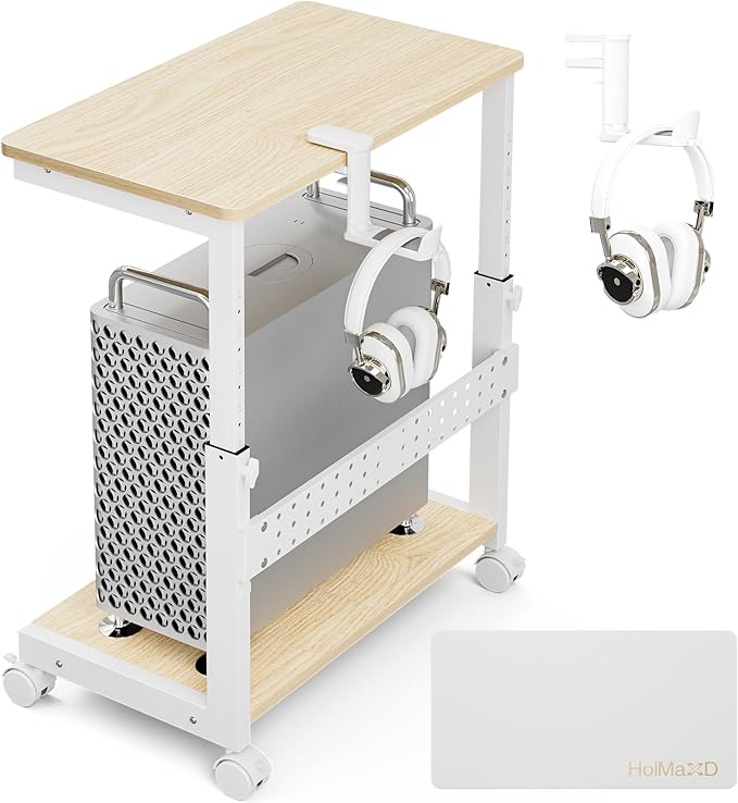 Height Adjustable Computer Tower Stand, 2-Tier ATX-Case CPU Holder with Mouse Pad & Headphone Stand, Mobile PC Standing Under Desk, Home Office Gaming Accessories, Computer Cart Wheels, Maple