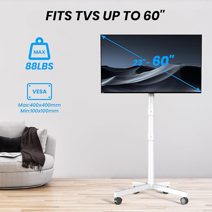 Mobile TV Cart Rolling TV Stand for 23-60 Inch LCD LED Flat Curved Screens up to 88 lbs-Height Adjustable Portable TV Stand on Wheels-Outdoor TV Stand Mount, Max VESA 400x400mm, White