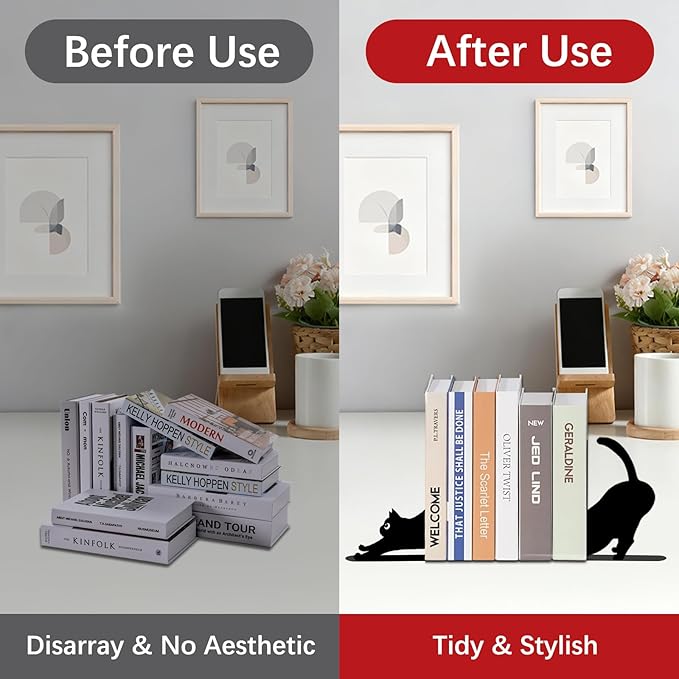 4 Pcs Cat Metal Bookends - Cute Cats Book Ends for Shelves Decorative, Home Office Desk Bookshelf Decor, Gift for Cat Lovers and Reading Enthusiasts, Christmas Reading Gifts for Women