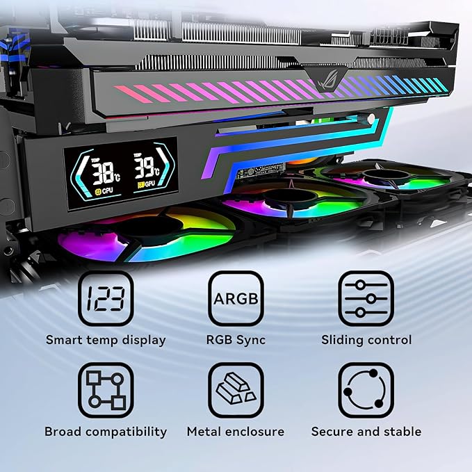 ARGB GPU Support Bracket with CPU & GPU Temp Display, Universal Graphics Card Support, Multi Angle Adjustable GPU Sag Bracket for Video Cards, GPU Stand Built-in 5V3PIN Addressable RGB Strip