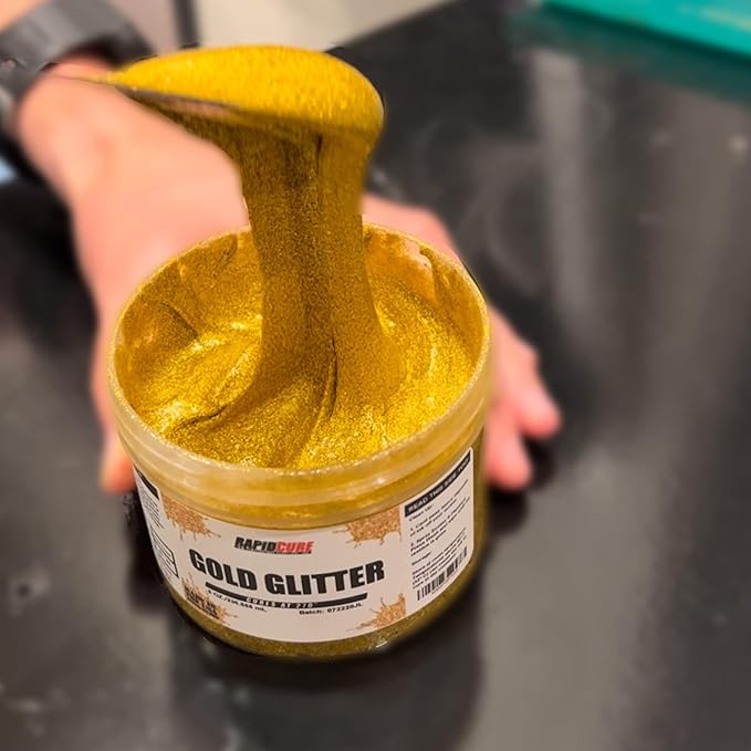 Rapid Cure® Screen Printing Ink Gold Glitter (8 oz.) - Plastisol Ink for Screen Printing Fabric - Low Temp. Curing Plastisol by Screen Print Direct - Gold Glitter Silk Screen Printing Ink