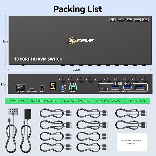 10 Ports HDMI KVM Switch 4K@60Hz EDID Simulation,USB 3.0 KVM Switch for 10 Computers Share 1 Monitor and 4 USB Devices, KVM Switches with Audio RS232 Wired Remote 12V Power and USB Cable