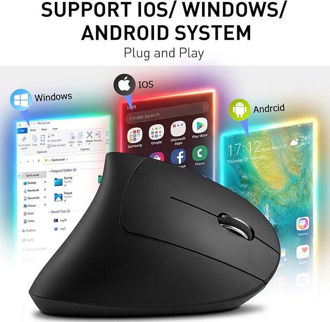 Ergonomic Mouse, Bluetooth and 2.4G Dual Mode Rechargeable Wireless Vertical Mouse, 800/1200/1600 Adjustable DPI, Quiet Clicks,6 Buttons,2.4GHz USB-A Optical Mice for Laptop/MacBook/PC/Desktop-Black