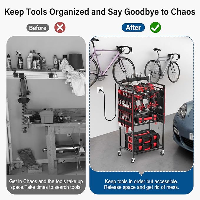 JUNNUJ Garage Large Power Tool Organizer Cart with 8 Outlet 3 USB Charging Station, Floor Rolling Drill and Tools Battery Storage Cart on Wheels, Heavy Duty Utility Rack Shelf with 10 FT Power Strip